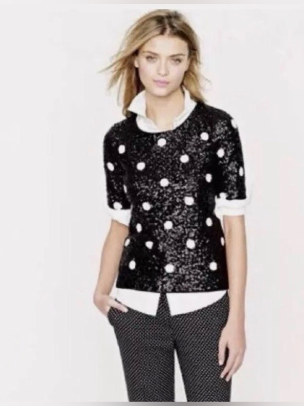 J. Crew Black Sequin Short Sleeve Top with White Polka Dots Size S
